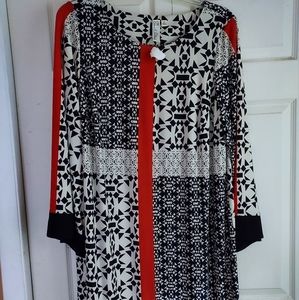 Emma & Michele Dress 2X Bell Sleeve Geometric Color Block Red Black Beige